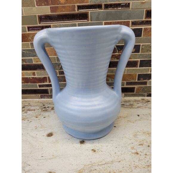 Vintage Haeger Vase, Blue Ribbed Pottery  Double Handle - Picture 2 of 5
